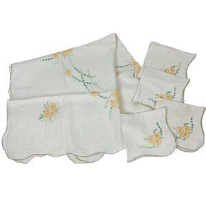 Vintage Hand-Embroidered Floral Card-Table Linen Tablecloth & Napkins